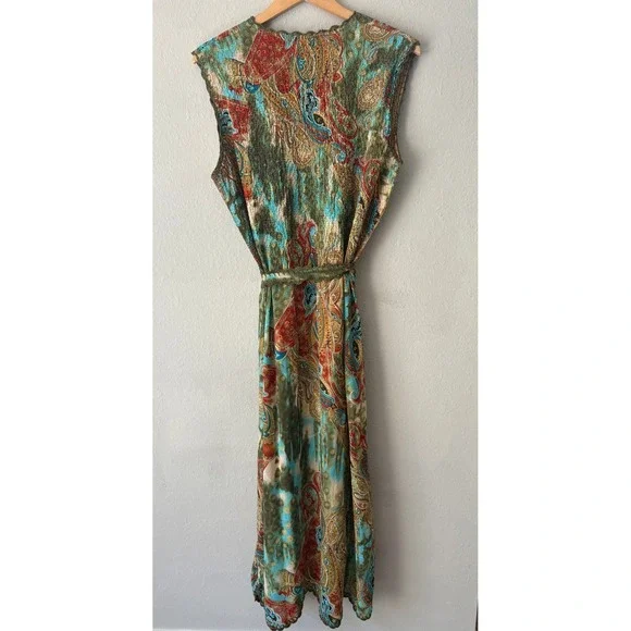 Vintage Ubu Paisley Floral Popcorn Maxi Dress Boho Scalloped Lace Trim Belted - Picture 5 of 14